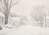 A poster that captures a quiet snow covered street surrounded by frosty trees and houses-7