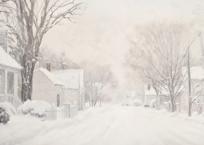 A poster that captures a quiet snow covered street surrounded by frosty trees and houses-12