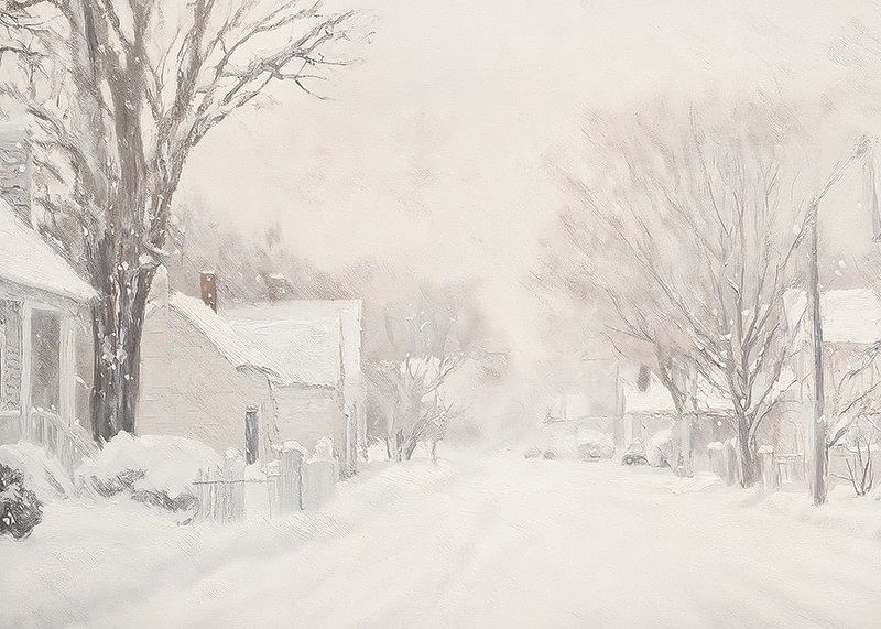 En plakat, der fanger en stille snedækket gade omgivet af frostklare træer og huse-12