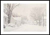 A poster that captures a quiet snow covered street surrounded by frosty trees and houses-0