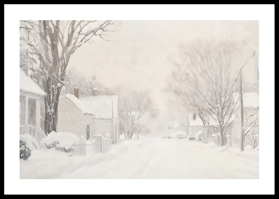 A poster that captures a quiet snow covered street surrounded by frosty trees and houses-12
