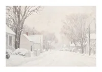 A poster that captures a quiet snow covered street surrounded by frosty trees and houses-1