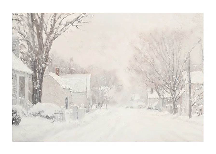 A poster that captures a quiet snow covered street surrounded by frosty trees and houses-12