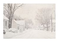 En plakat, der fanger en stille snedækket gade omgivet af frostklare træer og huse-1