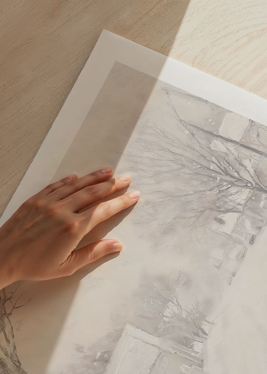 En plakat, der fanger en stille snedækket gade omgivet af frostklare træer og huse-12