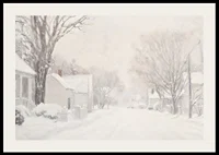 A poster that captures a quiet snow covered street surrounded by frosty trees and houses-2