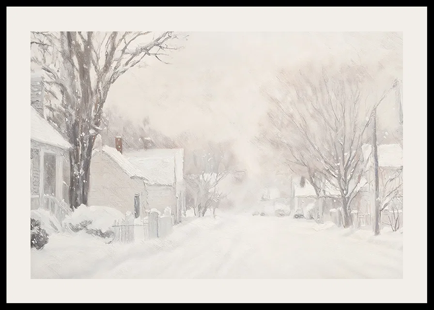 A poster that captures a quiet snow covered street surrounded by frosty trees and houses-12