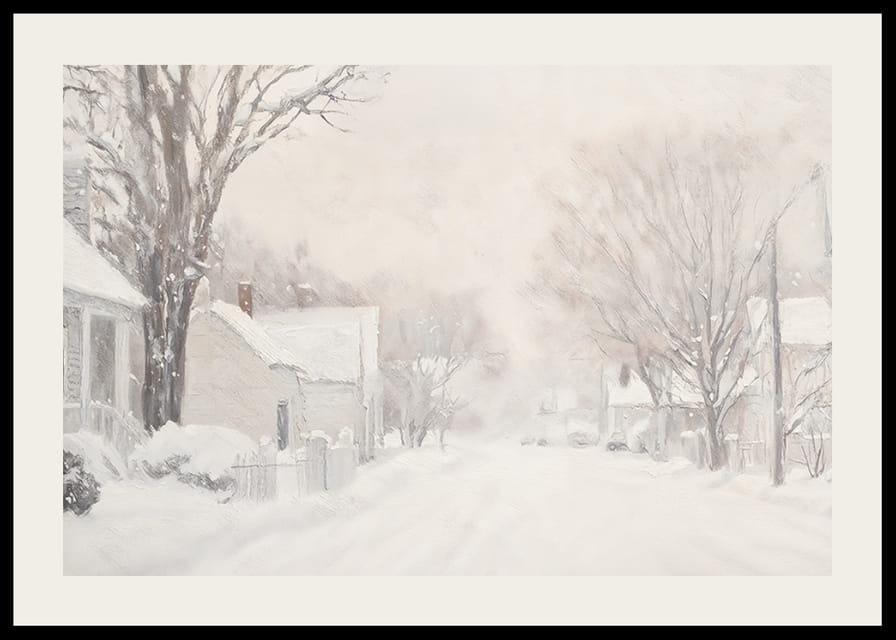 Plagát, ktorý zachytáva tichú zasneženú ulicu obklopenú mrazivými stromami a domami-12