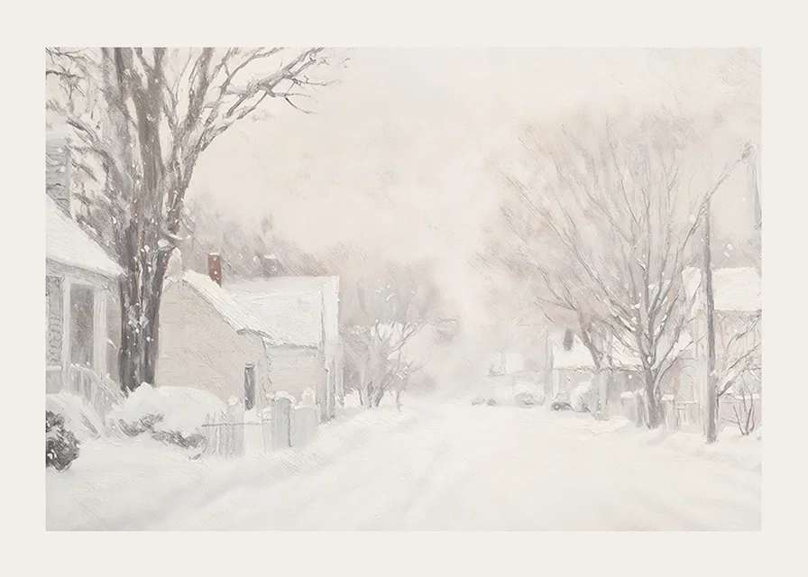 A poster that captures a quiet snow covered street surrounded by frosty trees and houses-12