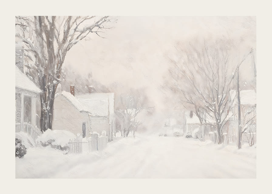 Plagát, ktorý zachytáva tichú zasneženú ulicu obklopenú mrazivými stromami a domami-12