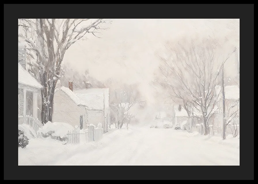 A poster that captures a quiet snow covered street surrounded by frosty trees and houses-12