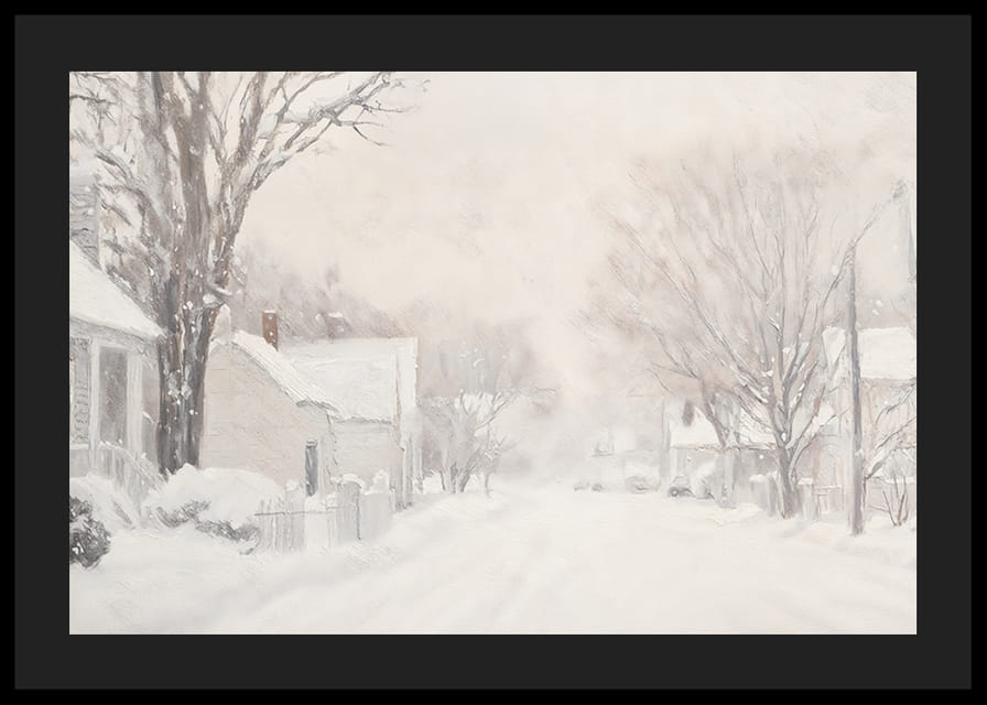 Plagát, ktorý zachytáva tichú zasneženú ulicu obklopenú mrazivými stromami a domami-12