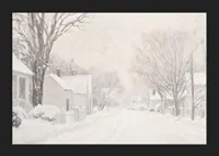 A poster that captures a quiet snow covered street surrounded by frosty trees and houses-5