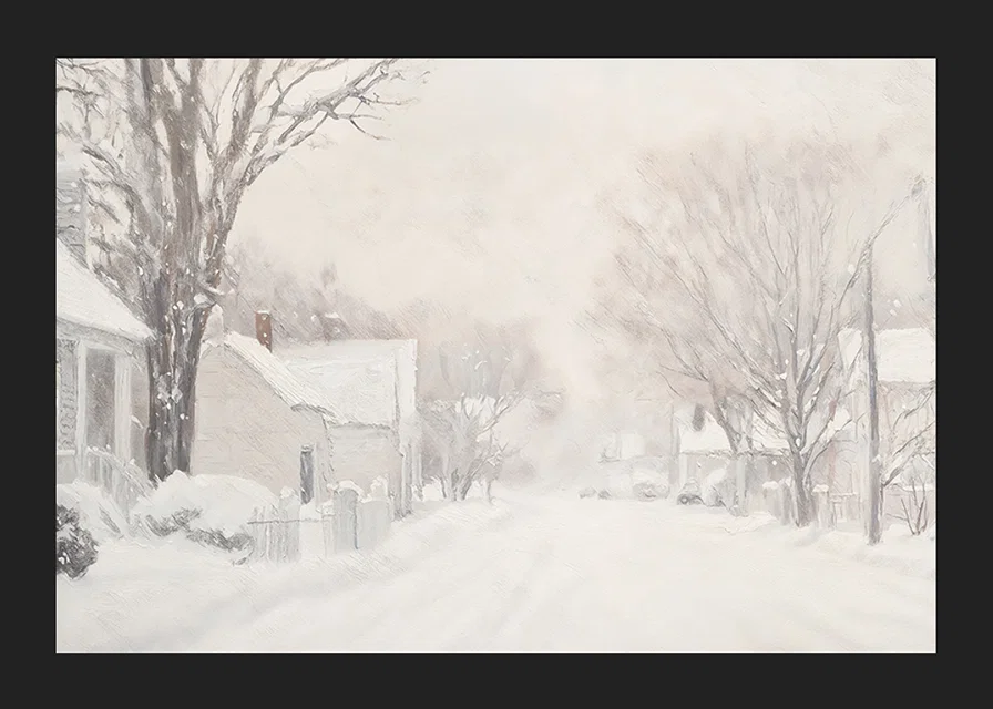 A poster that captures a quiet snow covered street surrounded by frosty trees and houses-12