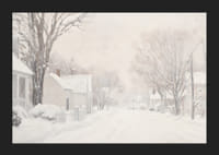 Plagát, ktorý zachytáva tichú zasneženú ulicu obklopenú mrazivými stromami a domami-5