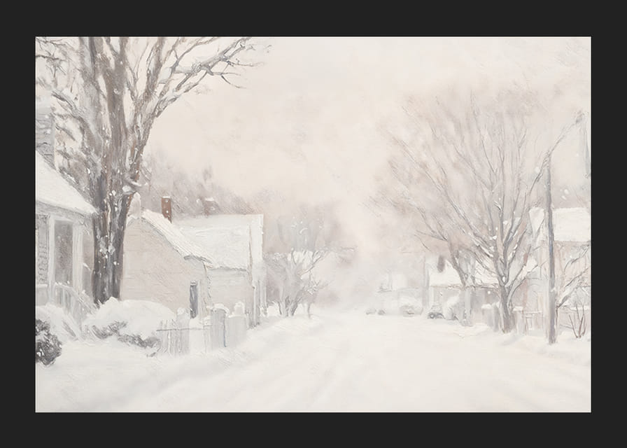 Plagát, ktorý zachytáva tichú zasneženú ulicu obklopenú mrazivými stromami a domami-12