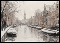 A poster showing a snow covered canal with historic buildings and boats-6