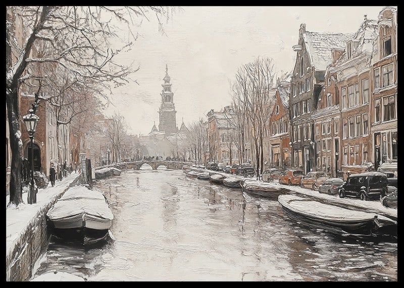 A poster showing a snow covered canal with historic buildings and boats-12
