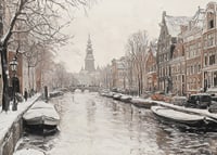 A poster showing a snow covered canal with historic buildings and boats-7