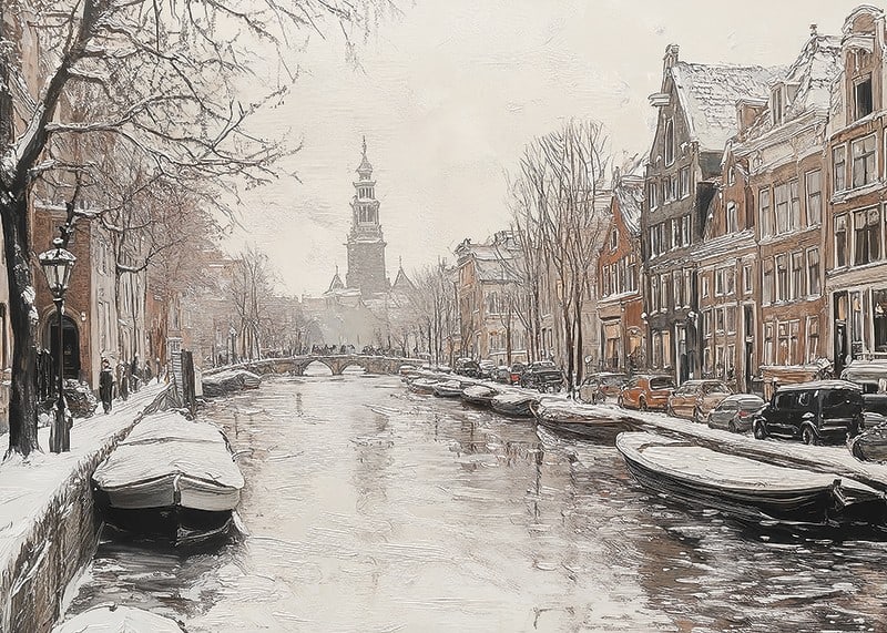 A poster showing a snow covered canal with historic buildings and boats-12