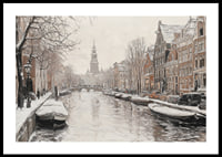 A poster showing a snow covered canal with historic buildings and boats-0