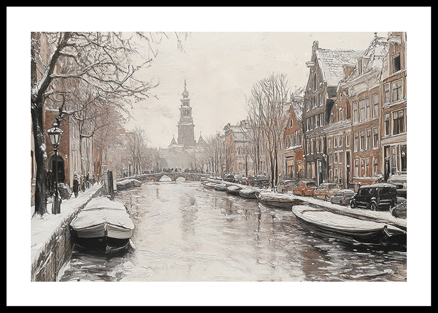A poster showing a snow covered canal with historic buildings and boats-12
