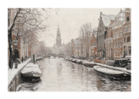 A poster showing a snow covered canal with historic buildings and boats-1