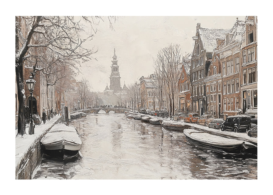 A poster showing a snow covered canal with historic buildings and boats-12