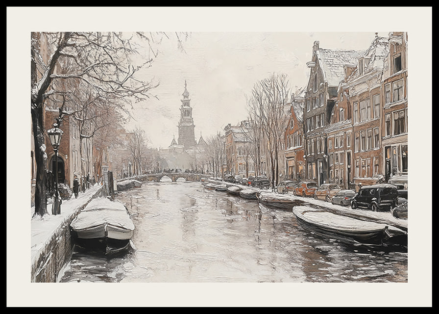 A poster showing a snow covered canal with historic buildings and boats-12