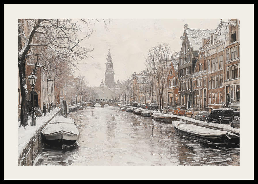 En plakat som viser en snødekt kanal med historiske bygninger og båter-12