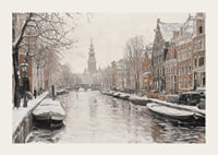 A poster showing a snow covered canal with historic buildings and boats-3