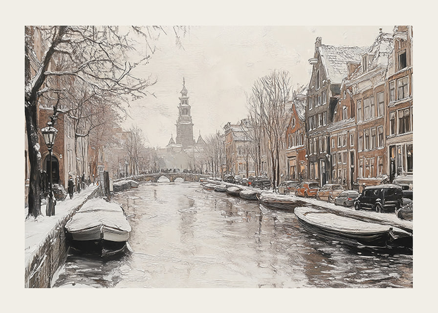 A poster showing a snow covered canal with historic buildings and boats-12