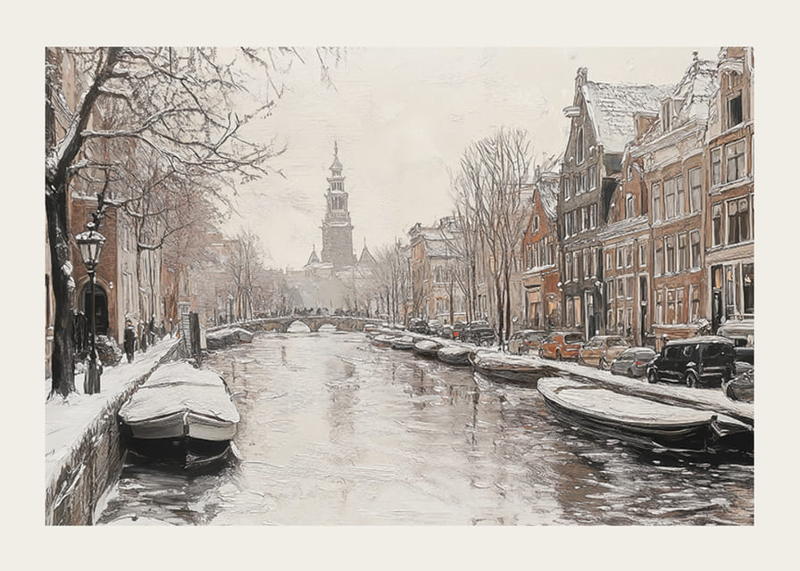 En plakat som viser en snødekt kanal med historiske bygninger og båter-12