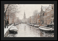 A poster showing a snow covered canal with historic buildings and boats-4