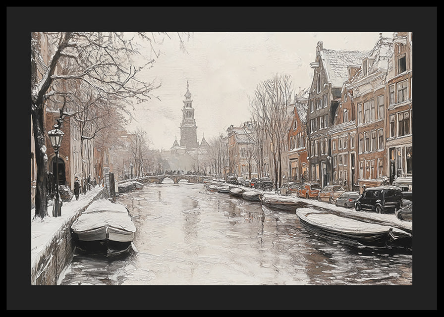 A poster showing a snow covered canal with historic buildings and boats-12