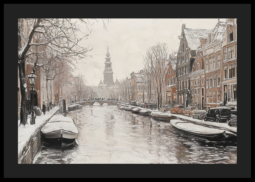 En plakat som viser en snødekt kanal med historiske bygninger og båter-12