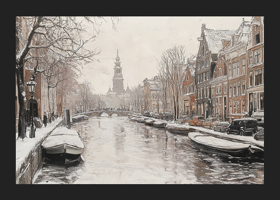 A poster showing a snow covered canal with historic buildings and boats-12