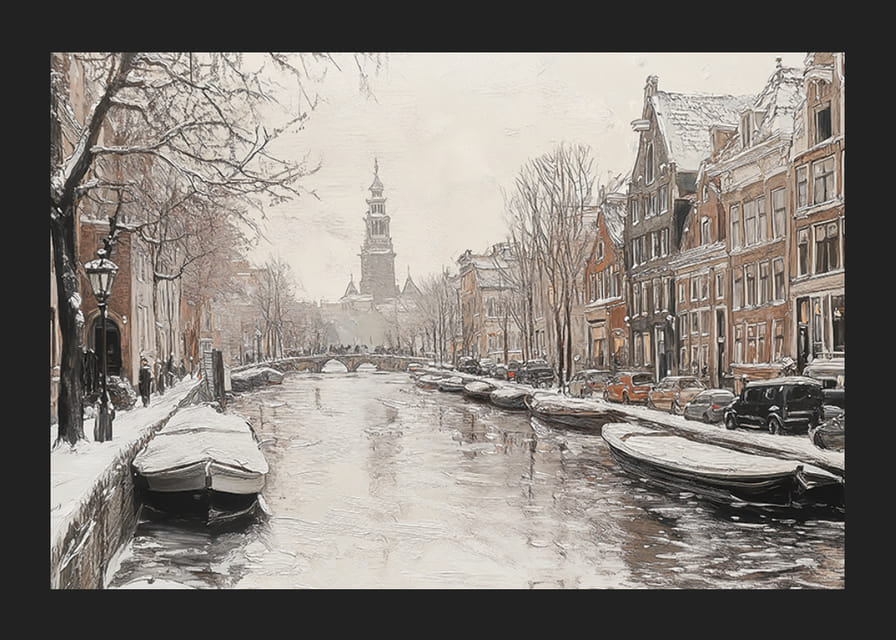 En plakat som viser en snødekt kanal med historiske bygninger og båter-12