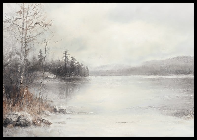 A poster showing a mist shrouded lake surrounded by frosty nature and winter stillness-12