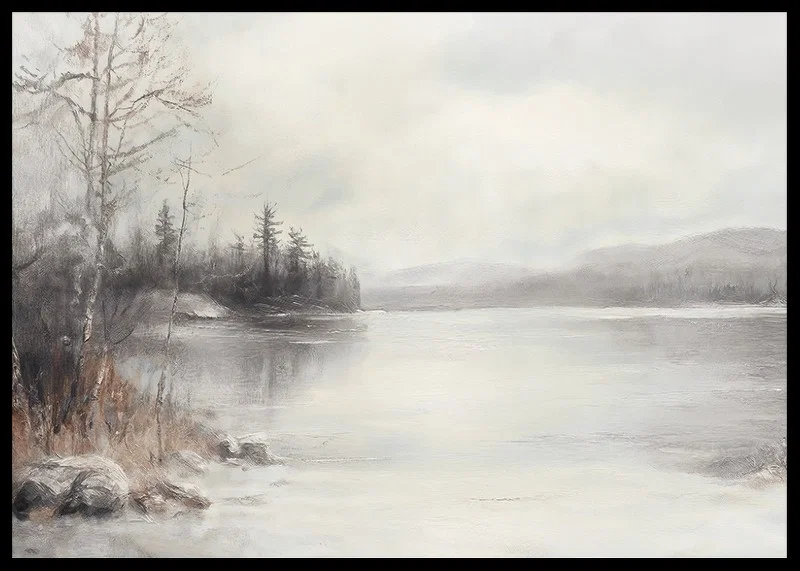 A poster showing a mist shrouded lake surrounded by frosty nature and winter stillness-12