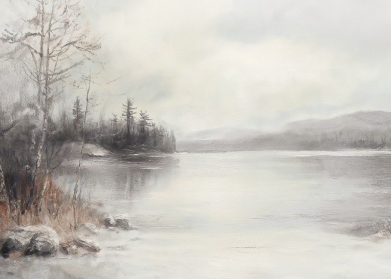 A poster showing a mist shrouded lake surrounded by frosty nature and winter stillness-12