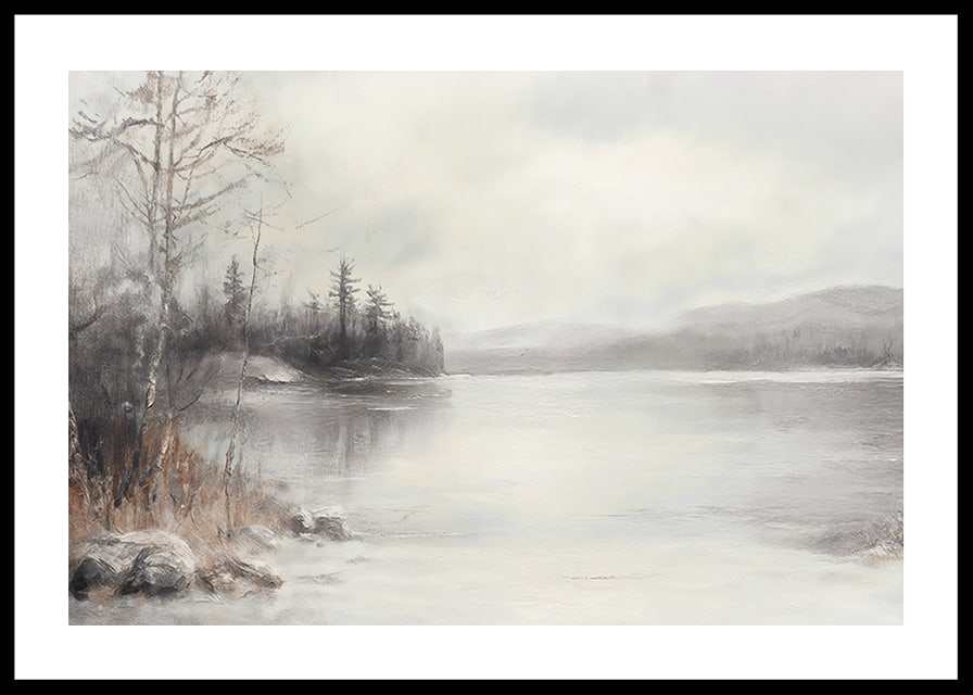 A poster showing a mist shrouded lake surrounded by frosty nature and winter stillness-12