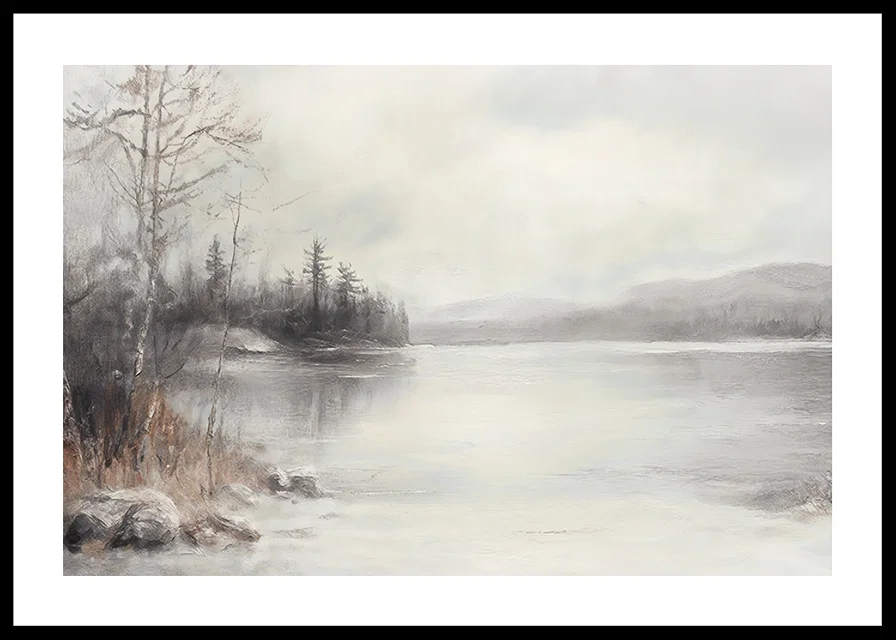 A poster showing a mist shrouded lake surrounded by frosty nature and winter stillness-12