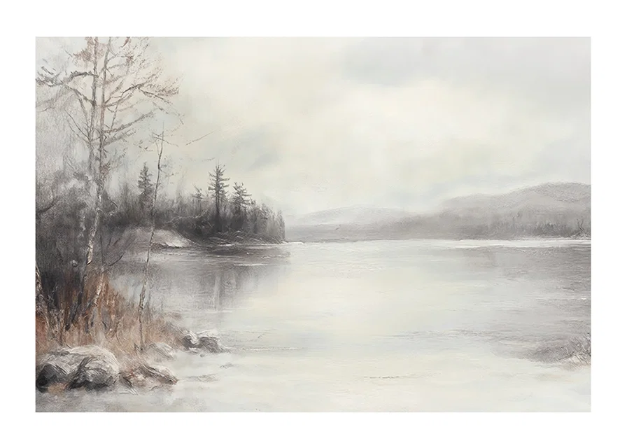 A poster showing a mist shrouded lake surrounded by frosty nature and winter stillness-12