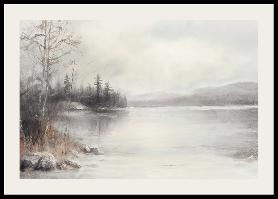A poster showing a mist shrouded lake surrounded by frosty nature and winter stillness-12