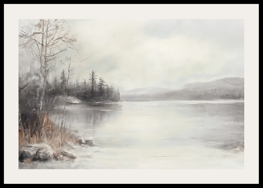 A poster showing a mist shrouded lake surrounded by frosty nature and winter stillness-12