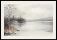 Een poster met een in mist gehuld meer omgeven door ijzige natuur en winterse stilte-2
