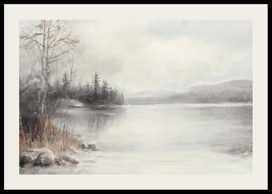 Een poster met een in mist gehuld meer omgeven door ijzige natuur en winterse stilte-12