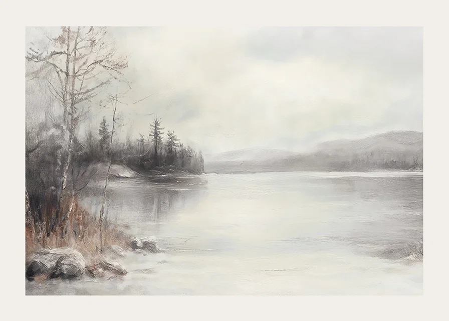A poster showing a mist shrouded lake surrounded by frosty nature and winter stillness-12