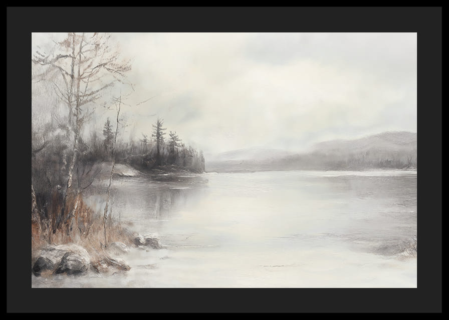 Een poster met een in mist gehuld meer omgeven door ijzige natuur en winterse stilte-12